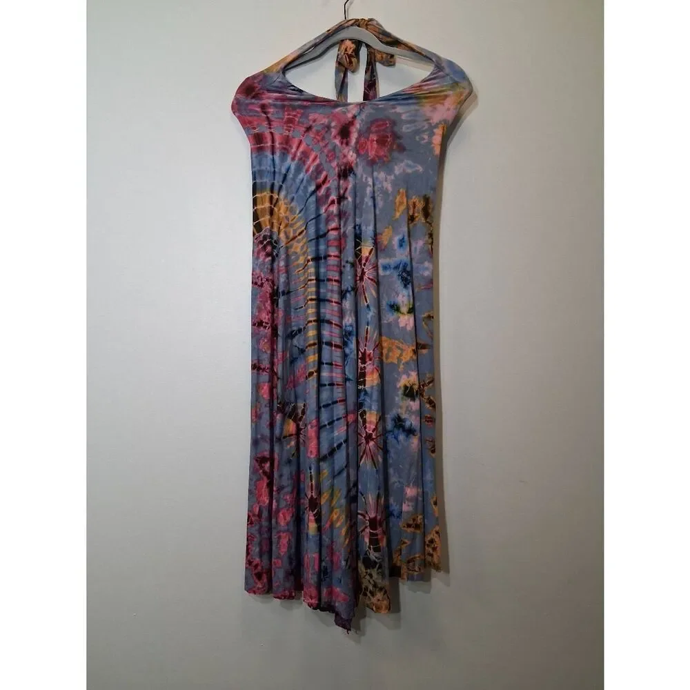womens large midi dress artisan boho gypsy hippie halter neck tie dye handmade